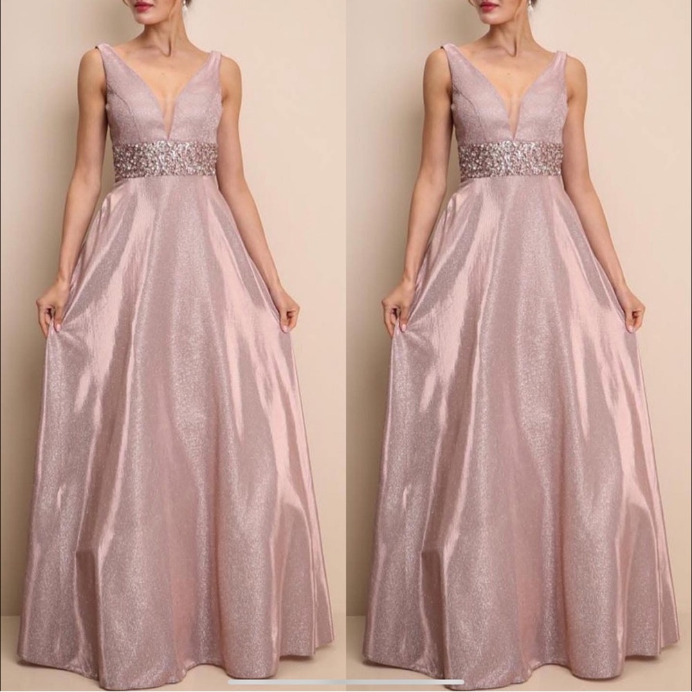 🆕 White Soieblue Shimmering Pink Champagne V neck Beaded sequins Evening Prom M